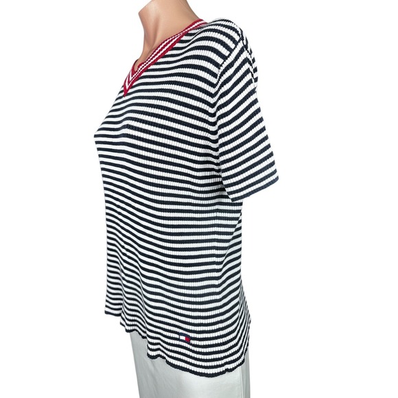 Tommy Hilfiger Womans Pullover Knit Top Size L Blue & White Stripe Short Sleeve - Picture 4 of 5